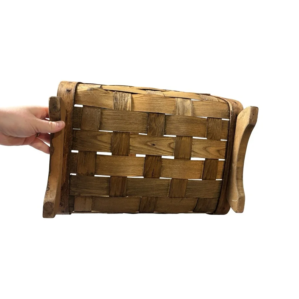 Vintage Woven Oak Splint Magazine Basket with Handle
